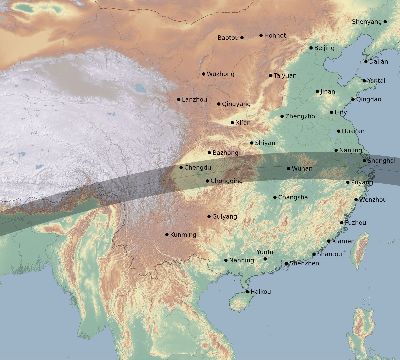 Map of the eclipse path across China on 07/22/2009