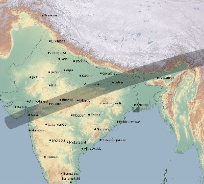 Map of the eclipse path across India on 07/22/2009