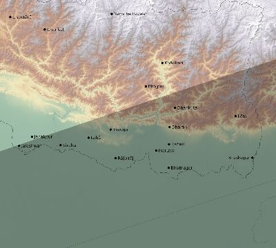 Map of the eclipse path across Nepal on 07/22/2009