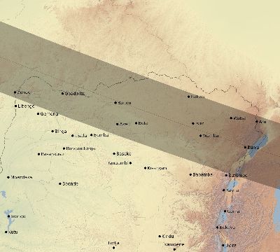 Map of the eclipse path across DR Congo on 01/15/2010