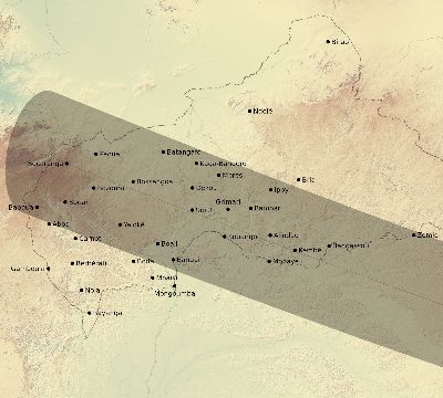 Map of the eclipse path across Central African Republic on 01/15/2010