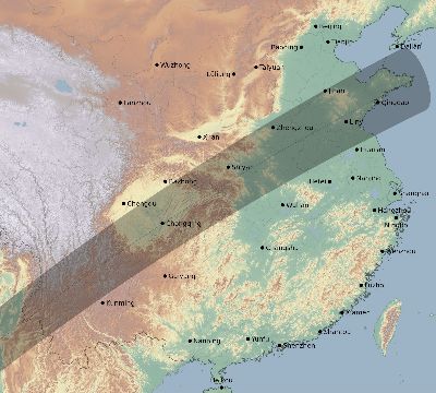 Map of the eclipse path across China on 01/15/2010