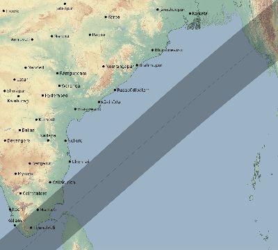 Map of the eclipse path across India on 01/15/2010
