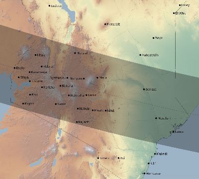 Map of the eclipse path across Kenya on 01/15/2010
