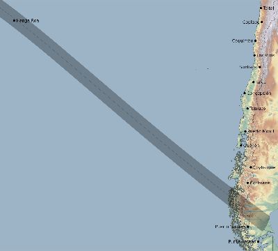 Map of the eclipse path across Chile on 07/11/2010