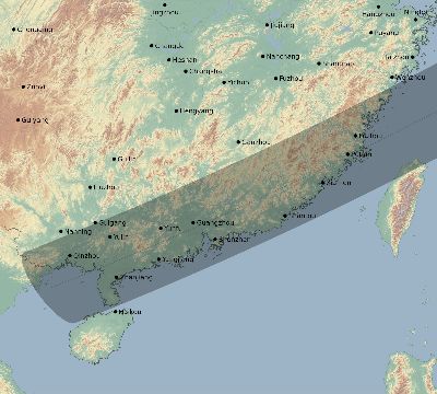 Map of the eclipse path across China on 05/20/2012