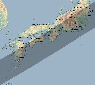 Map of the eclipse path across Japan on 05/20/2012