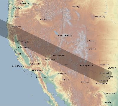 Map of the eclipse path across United States on 05/20/2012
