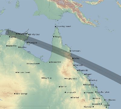 Map of the eclipse path across Australia on 11/13/2012