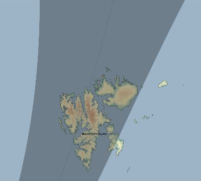 Map of the eclipse path across Svalbard and Jan Mayen on 03/20/2015