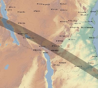 Map of the eclipse path across Tanzania on 09/01/2016
