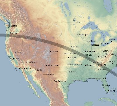 Map of the eclipse path across United States on 08/21/2017