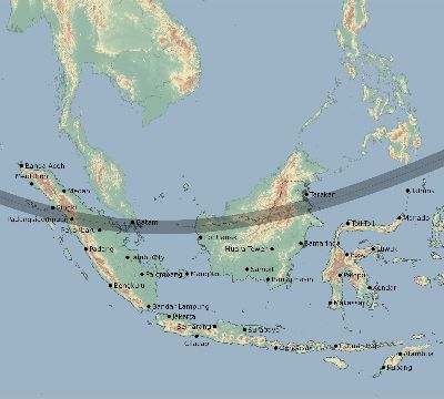 Map of the eclipse path across Indonesia on 12/26/2019