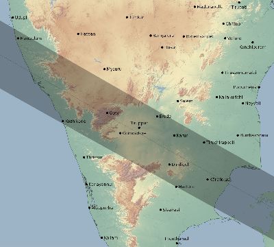 Map of the eclipse path across India on 12/26/2019