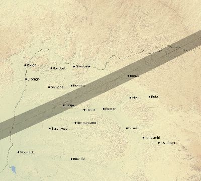 Map of the eclipse path across DR Congo on 06/21/2020