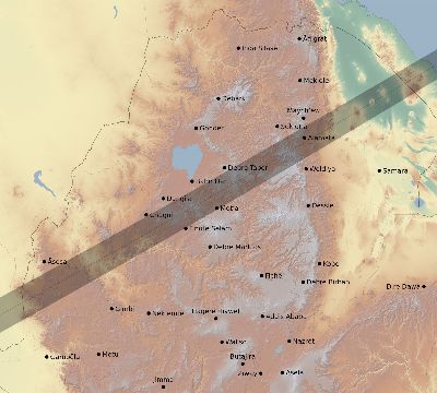 Map of the eclipse path across Ethiopia on 06/21/2020