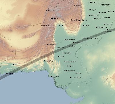 Map of the eclipse path across Pakistan on 06/21/2020