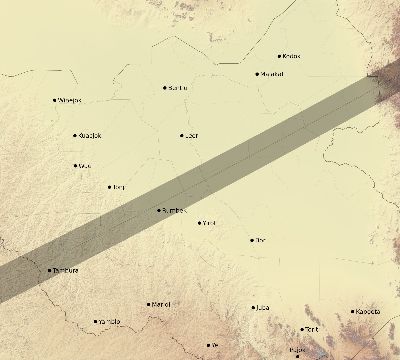 Map of the eclipse path across South Sudan on 06/21/2020