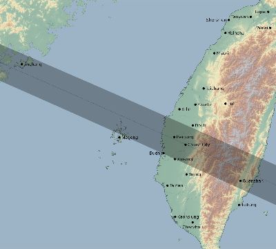 Map of the eclipse path across Taiwan on 06/21/2020