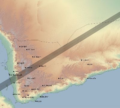 Map of the eclipse path across Yemen on 06/21/2020