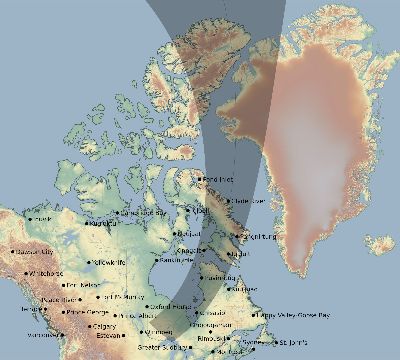 Map of the eclipse path across Canada on 06/10/2021