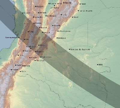 Map of the eclipse path across Colombia on 10/14/2023