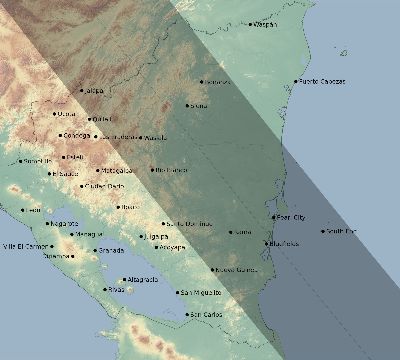 Map of the eclipse path across Nicaragua on 10/14/2023