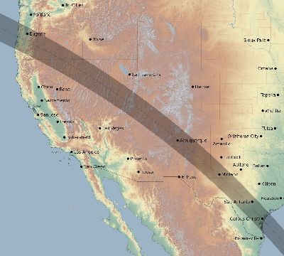Map of the eclipse path across United States on 10/14/2023