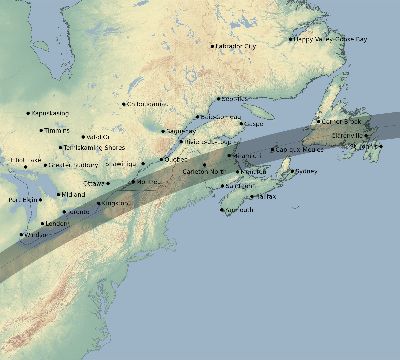 Map of the eclipse path across Canada on 04/08/2024