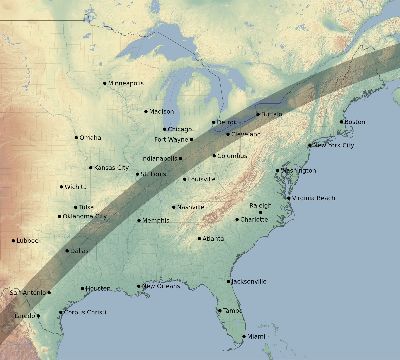 Map of the eclipse path across United States on 04/08/2024
