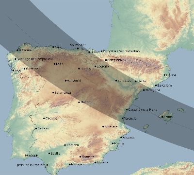 Map of the eclipse path across Spain on 08/12/2026