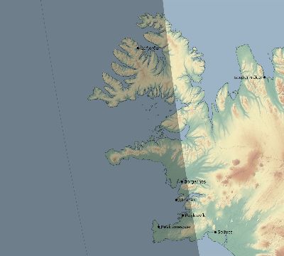Map of the eclipse path across Iceland on 08/12/2026