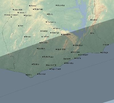 Map of the eclipse path across Ghana on 02/06/2027