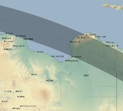 Map of the eclipse path across Libya on 08/02/2027