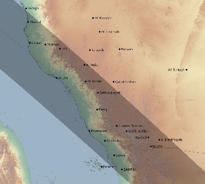 Map of the eclipse path across Saudi Arabia on 08/02/2027