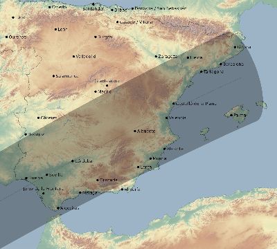 Map of the eclipse path across Spain on 01/26/2028