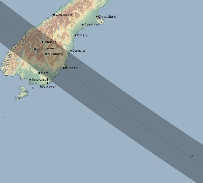 Map of the eclipse path across New Zealand on 07/22/2028