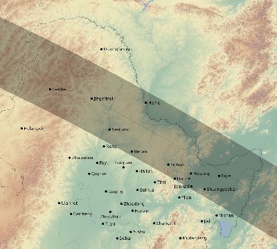 Map of the eclipse path across China on 06/01/2030