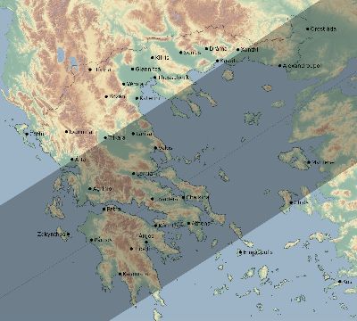 Map of the eclipse path across Greece on 06/01/2030
