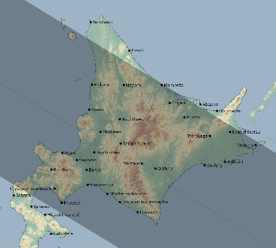 Map of the eclipse path across Japan on 06/01/2030