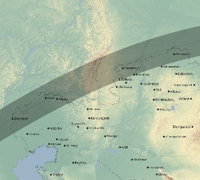Map of the eclipse path across Kazakhstan on 06/01/2030