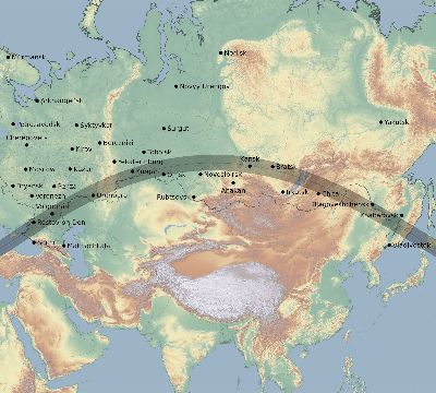 Map of the eclipse path across Russia on 06/01/2030