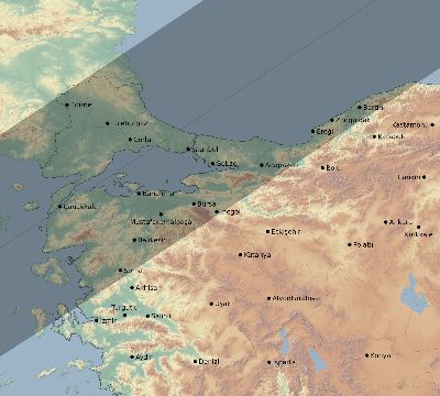 Map of the eclipse path across Turkey on 06/01/2030