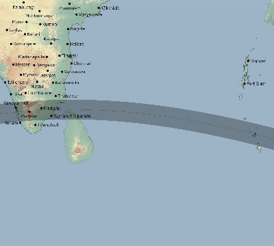 Map of the eclipse path across India on 05/21/2031