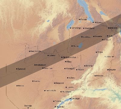 Map of the eclipse path across Zambia on 05/21/2031