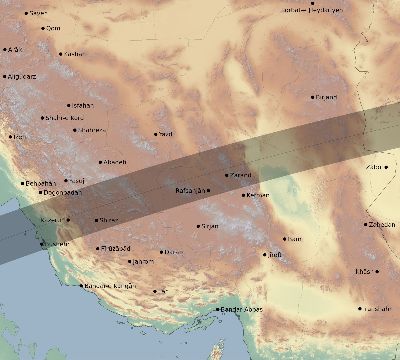 Map of the eclipse path across Iran on 03/20/2034