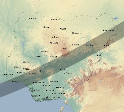 Map of the eclipse path across Nigeria on 03/20/2034