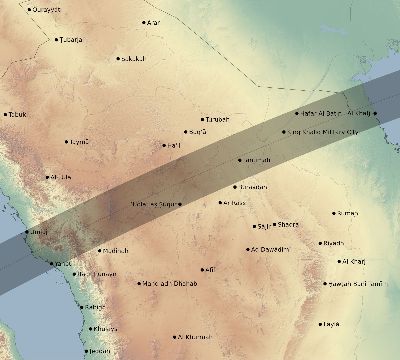 Map of the eclipse path across Saudi Arabia on 03/20/2034