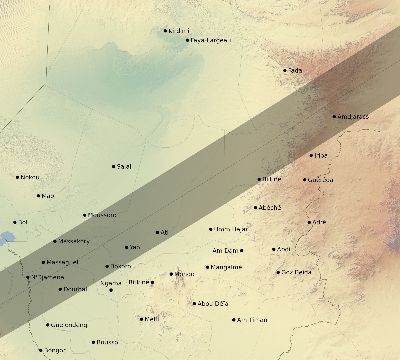 Map of the eclipse path across Chad on 03/20/2034