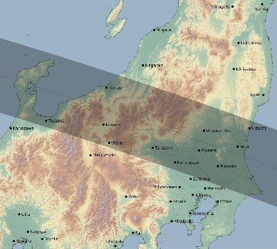 Map of the eclipse path across Japan on 09/02/2035